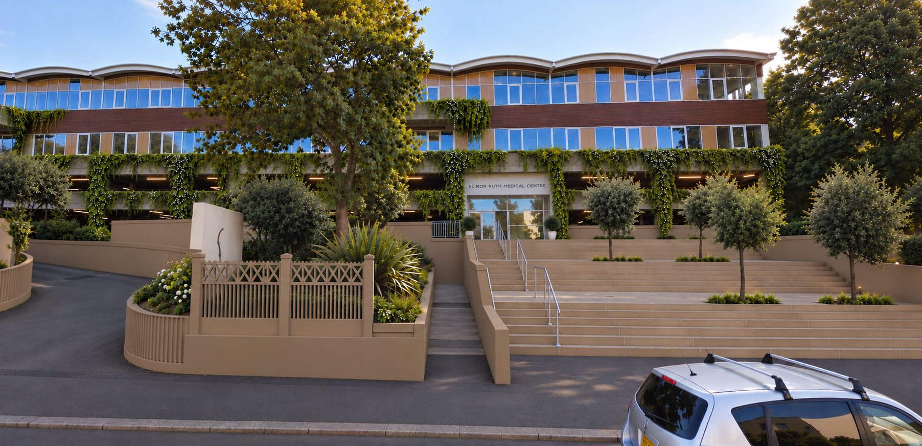 Medical Centre facade — AI-generated visualisation showing artificial hanging vines added to the upper level